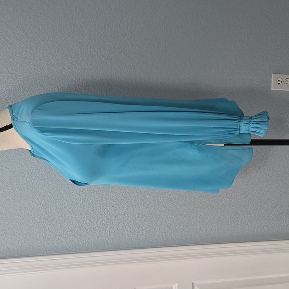 KOBI HALPERIN Miley VNeck Silk Long Sleeve Blouse Aqua Ruffled Cuffs Size MEDIUM - Picture 6 of 10